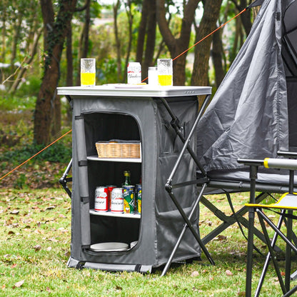 Folding camping storage cabinet with 3 gray fabric shelves and carry bag at campsite on Tampa Home & Garden Store