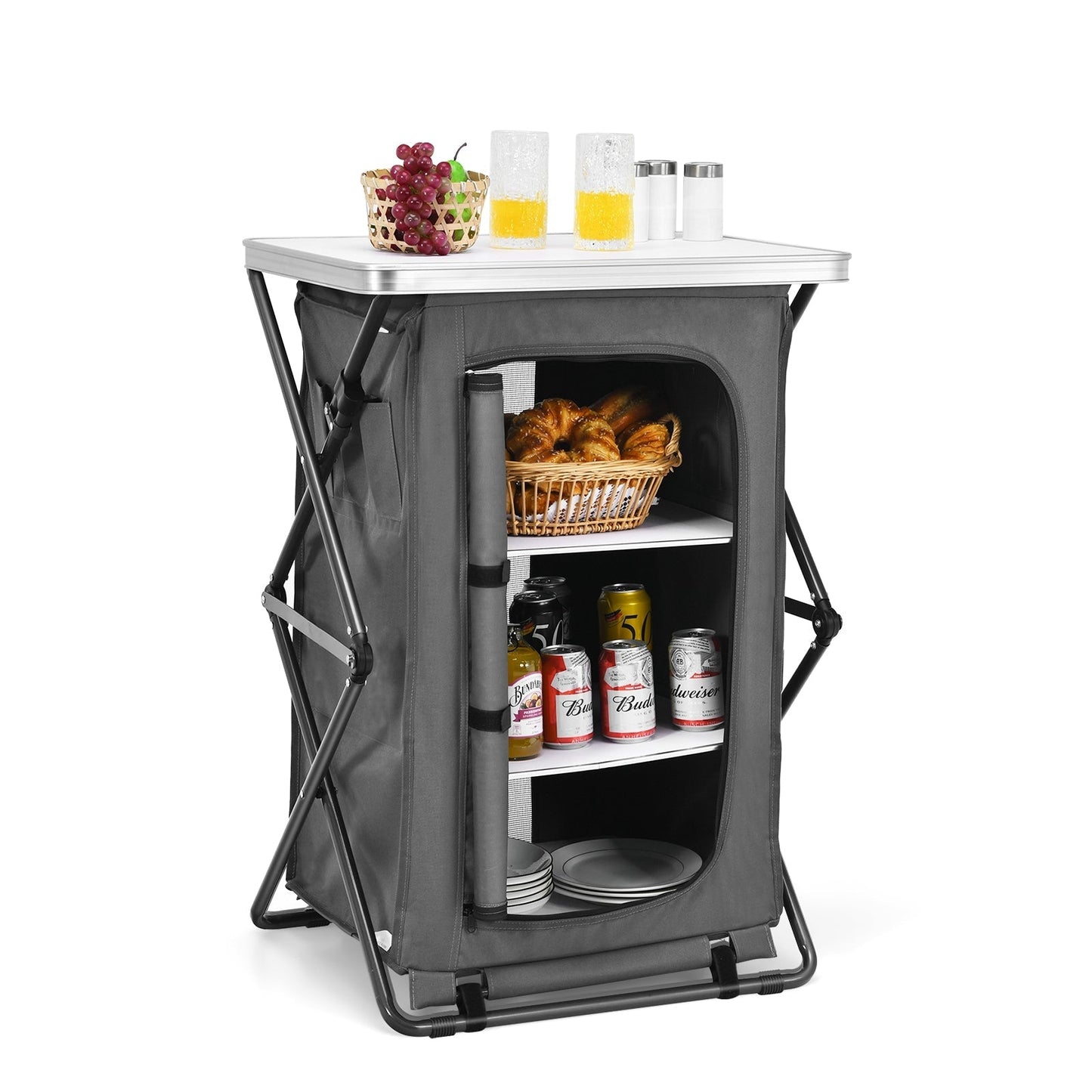 GemGear folding camping storage cabinet with 3 shelves, gray fabric and aluminum top on Tampa Home & Garden Store