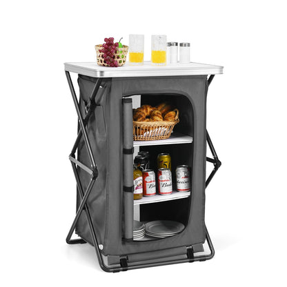 GemGear folding camping storage cabinet with 3 shelves, gray fabric and aluminum top on Tampa Home & Garden Store
