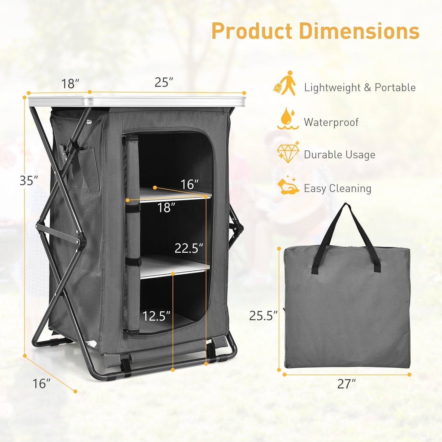 GemGear Folding Camping Storage Cabinet with 3 Shelves in gray fabric and carry bag on Tampa Home & Garden Store