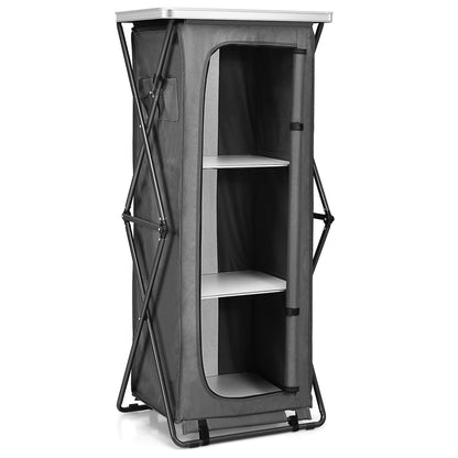 GemGear folding camping storage cabinet with 3 white shelves, gray fabric, metal frame on Tampa Home & Garden Store
