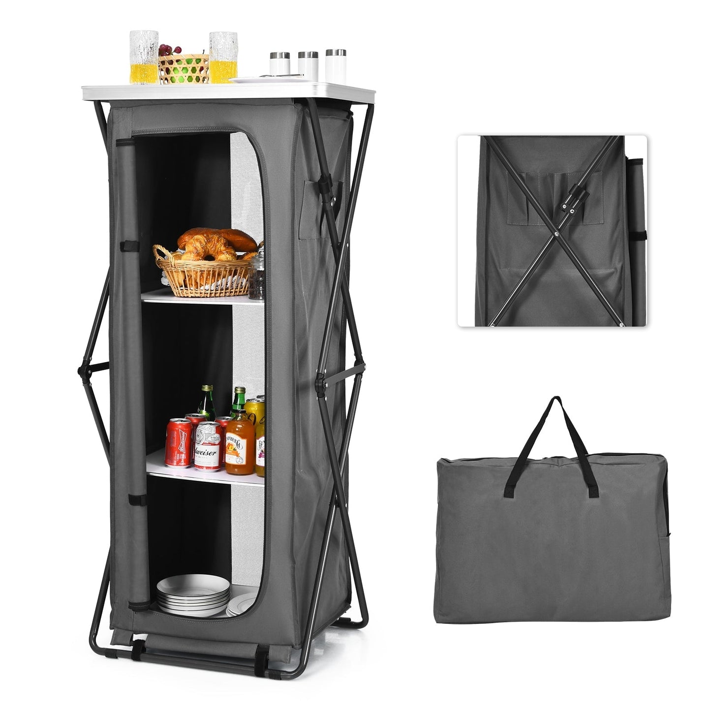 GemGear folding camping storage cabinet with 3 shelves and carry bag, gray fabric on Tampa Home & Garden Store