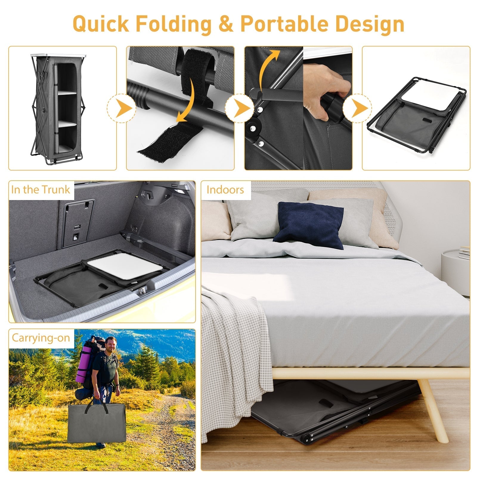 GemGear Folding Camping Storage Cabinet with 3 Shelves in gray and carrying bag on Tampa Home & Garden Store