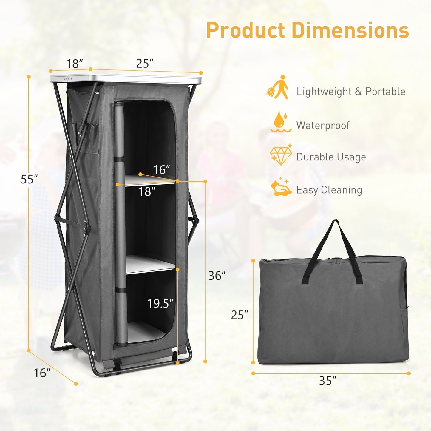 GemGear folding camping storage cabinet gray fabric, 3 shelves with carry bag on Tampa Home & Garden Store