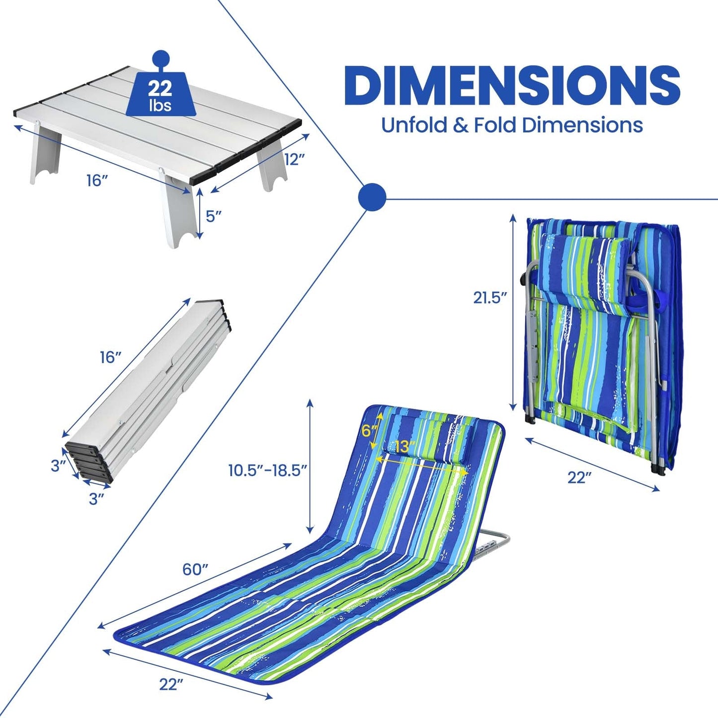 Juego de 3 piezas de colchoneta para silla de playa 2 sillas reclinables ajustables con mesa a rayas-rayas