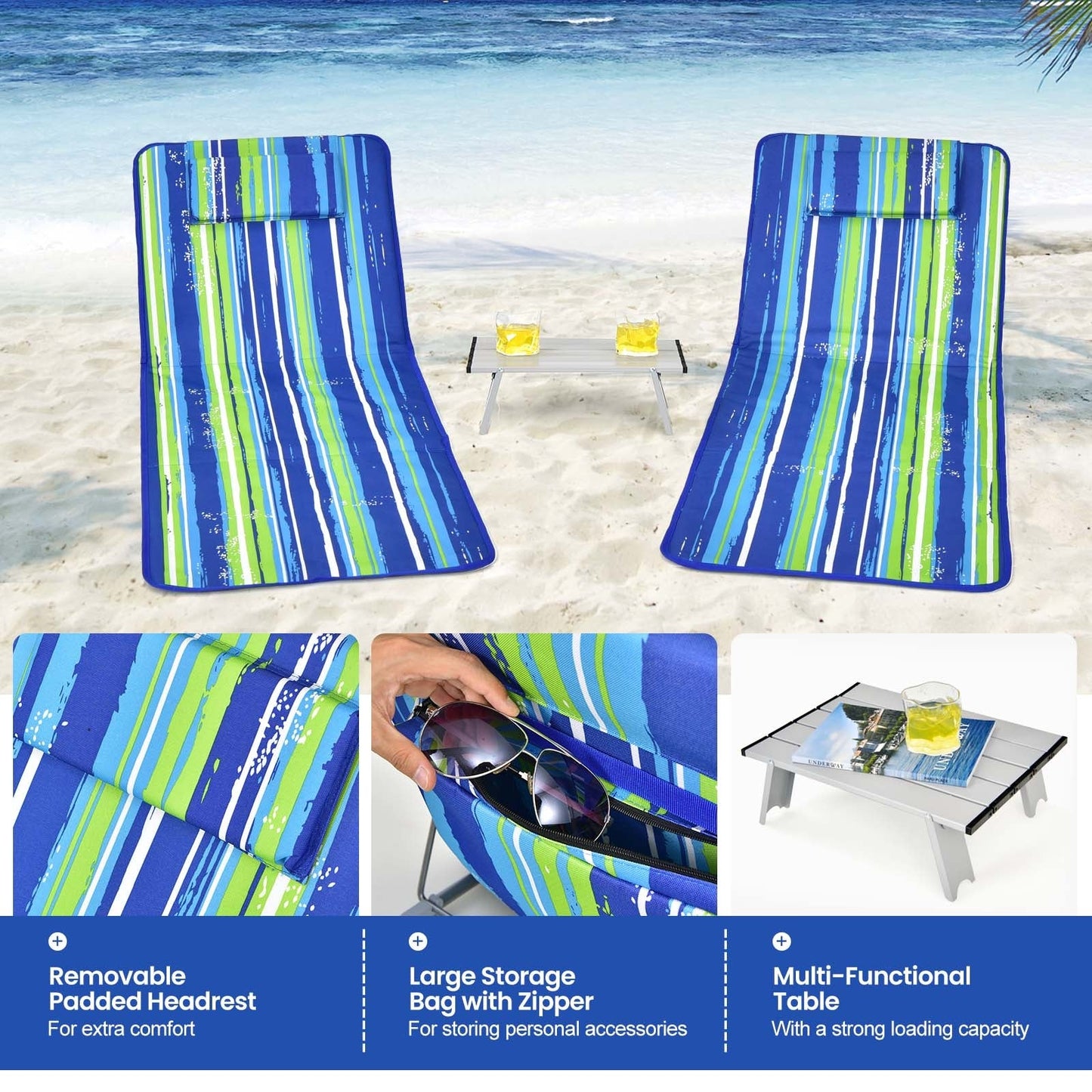 Juego de 3 piezas de colchoneta para silla de playa 2 sillas reclinables ajustables con mesa a rayas-rayas