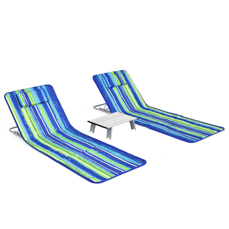 Juego de 3 piezas de colchoneta para silla de playa 2 sillas reclinables ajustables con mesa a rayas-rayas
