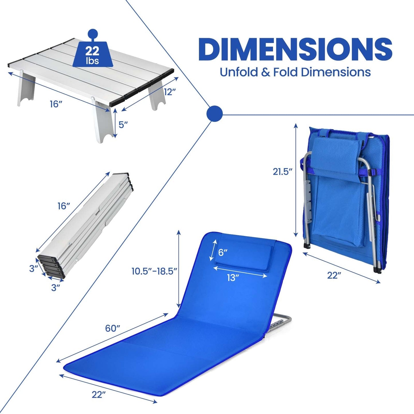 Juego de 3 piezas de colchoneta para silla de playa 2 sillas reclinables ajustables con mesa a rayas-rayas