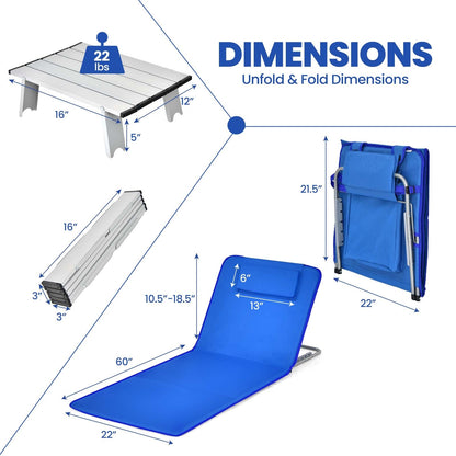 Juego de 3 piezas de colchoneta para silla de playa 2 sillas reclinables ajustables con mesa a rayas-rayas