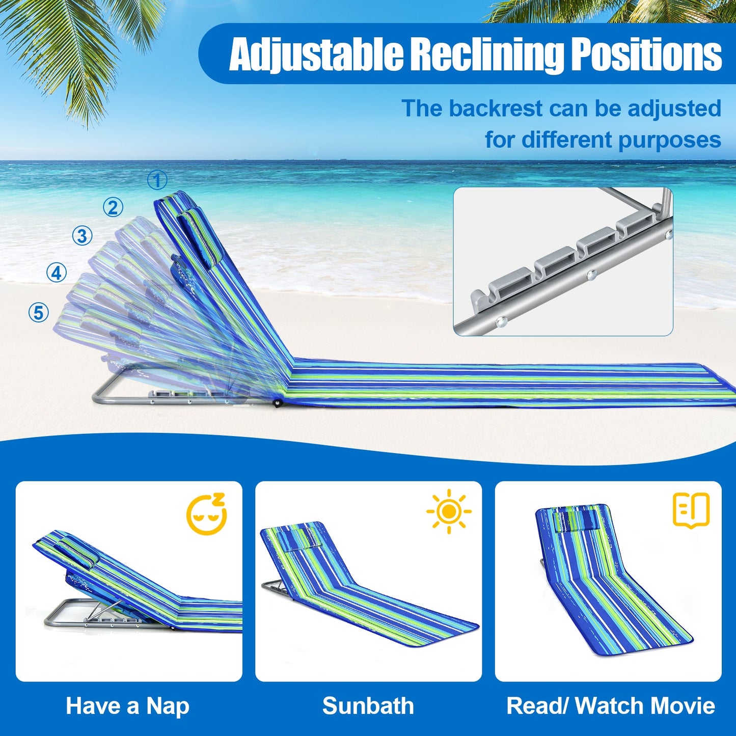 Juego de 3 piezas de colchoneta para silla de playa 2 sillas reclinables ajustables con mesa a rayas-rayas