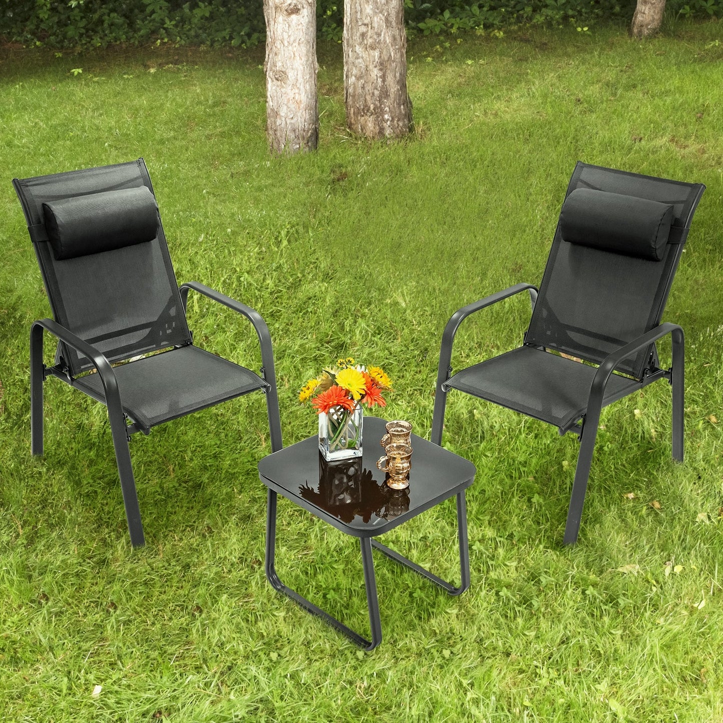Juego de muebles de bistró para patio de 3 piezas con respaldo ajustable - Negro