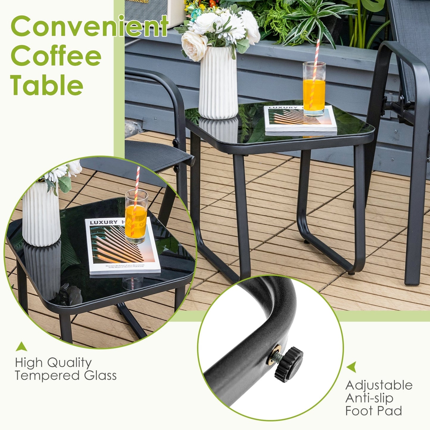 Juego de muebles de bistró para patio de 3 piezas con respaldo ajustable - Negro