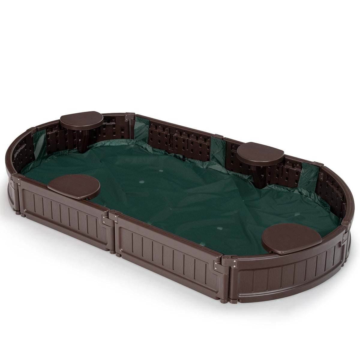 Sandbox with built-in corner seats and bottom liner brown plastic with green liner DirectDeals on Tampa Home & Garden Store