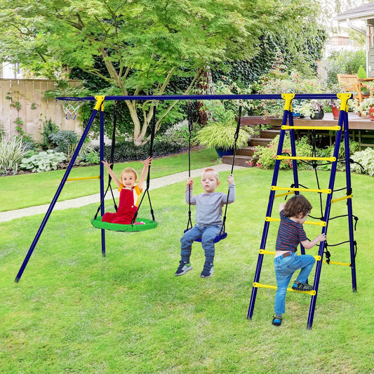 5-In-1 Outdoor Kids Swing Set with A-Shaped Metal Frame and Ground Stake - Tampa Home & Garden Store
