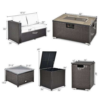 Juego de Muebles de Mimbre para Exterior de 6 Piezas con Mesa con Fogón de Propano de 32 Pulgadas-Beige