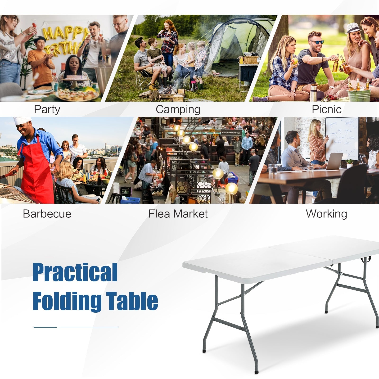 GemGear portable folding camping table with carrying handle, white top and gray legs on Tampa Home & Garden Store