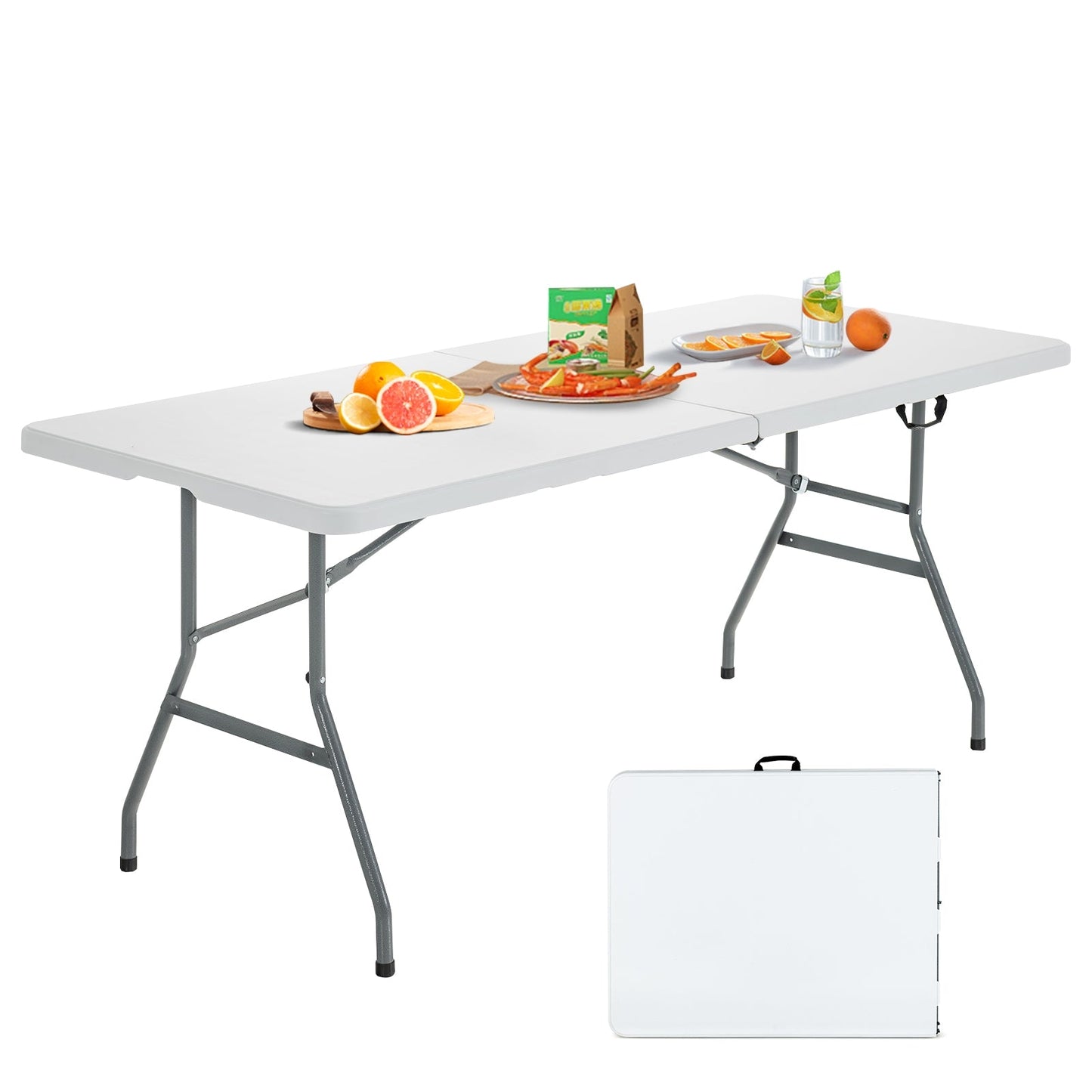 Portable white folding camping table by GemGear with carrying handle and gray metal legs on Tampa Home & Garden Store