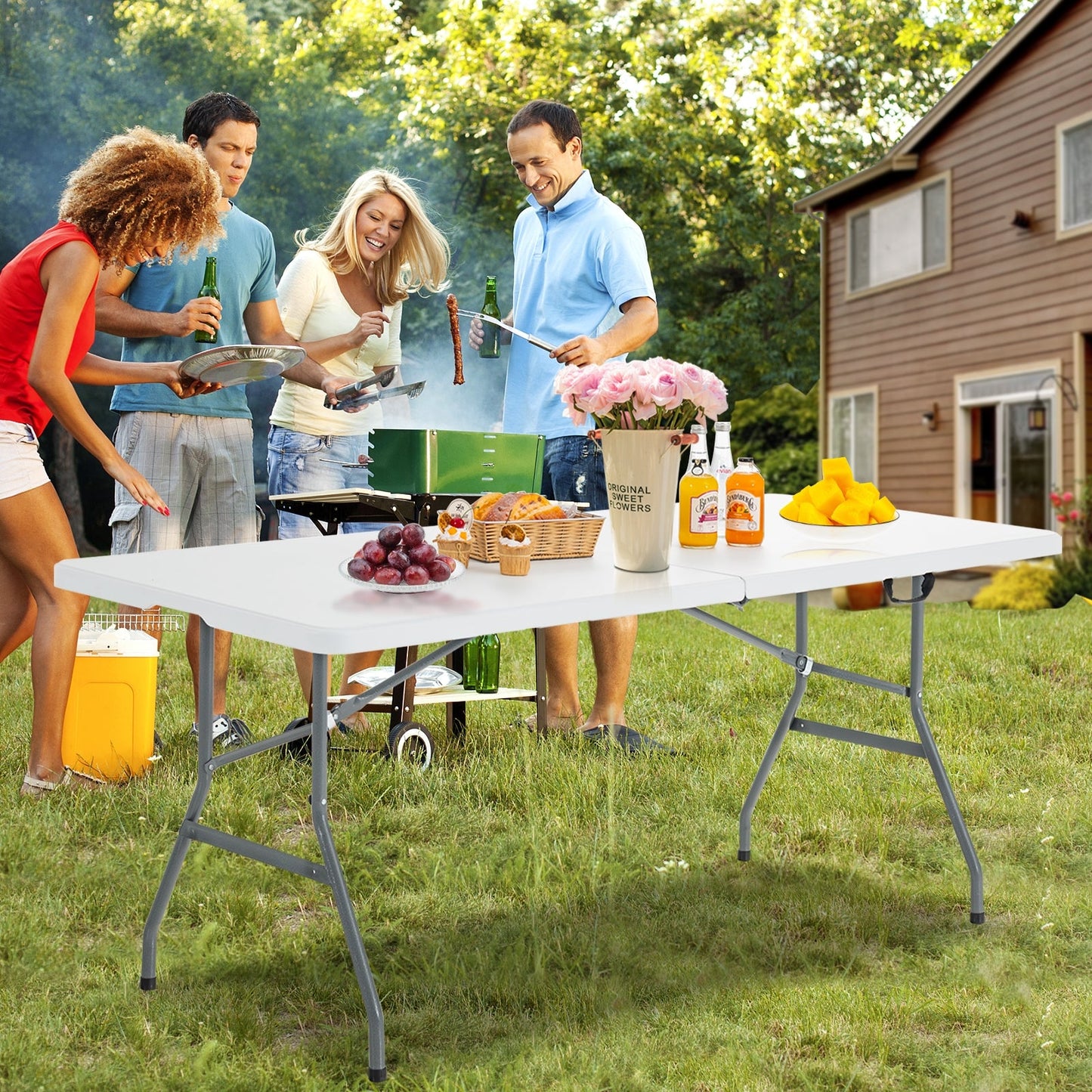 Portable folding camping table GemGear, white, with carrying handle on Tampa Home & Garden Store