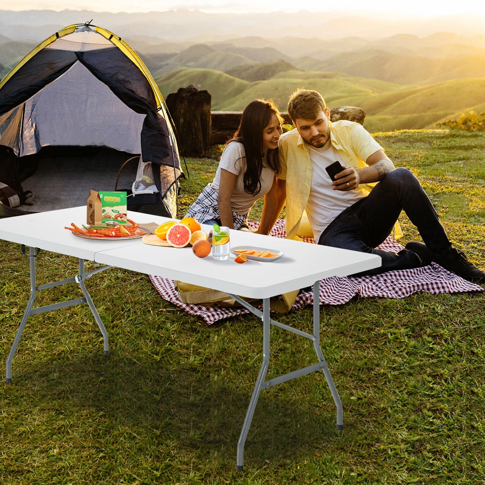 GemGear portable folding camping table with carrying handle, white top and gray legs on Tampa Home & Garden Store