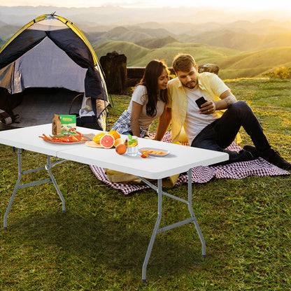 GemGear portable folding camping table with carrying handle, white top and gray legs on Tampa Home & Garden Store