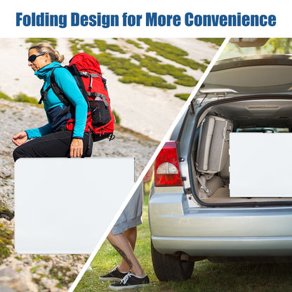 GemGear portable folding camping table with carrying handle, white surface, carried by hiker on Tampa Home & Garden Store
