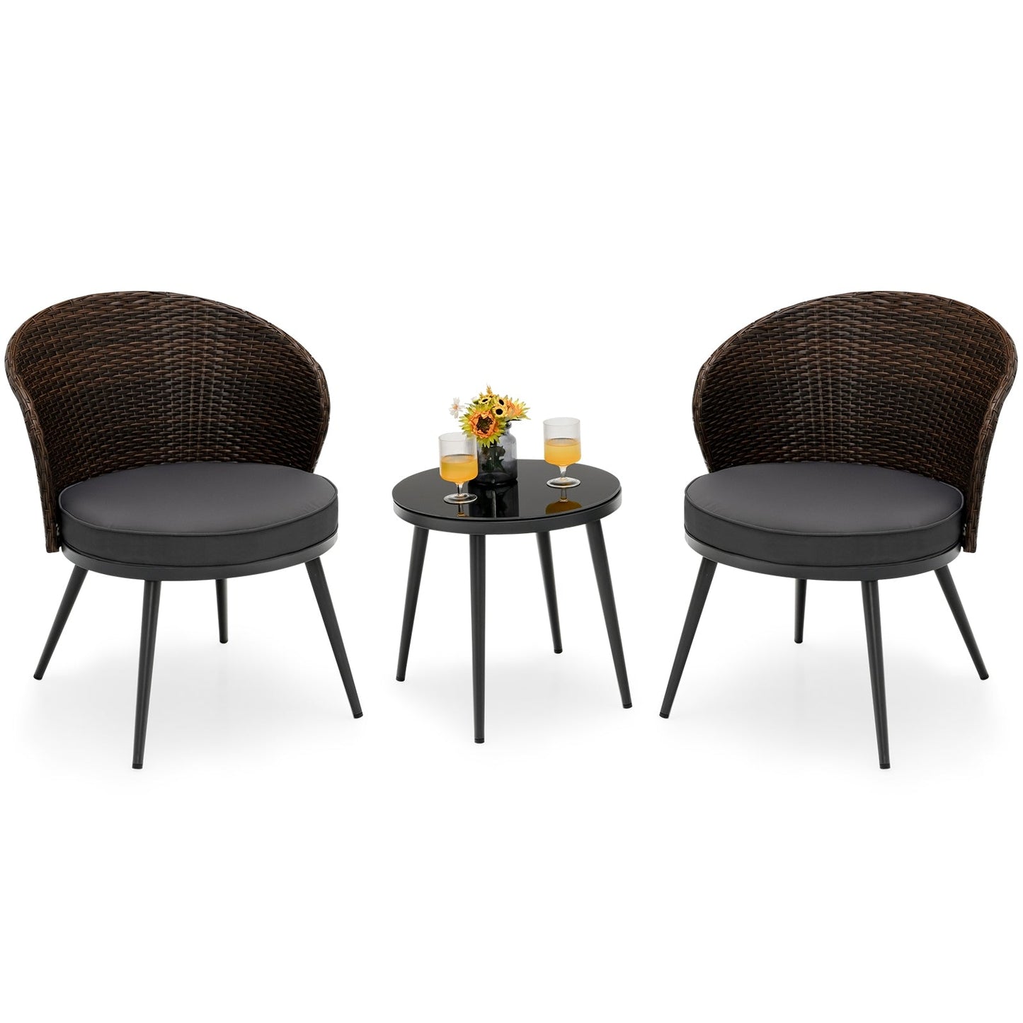 Juego de bistró de ratán para patio de 3 piezas con 2 cojines de asiento y mesa de centro de vidrio templado - Marrón