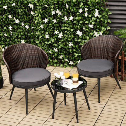 Juego de bistró de ratán para patio de 3 piezas con 2 cojines de asiento y mesa de centro de vidrio templado - Marrón