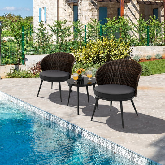 3 Pieces Patio Rattan Bistro Set with 2 Seat Cushions and Tempered Glass Tabletop-Brown - Tampa Home & Garden Store