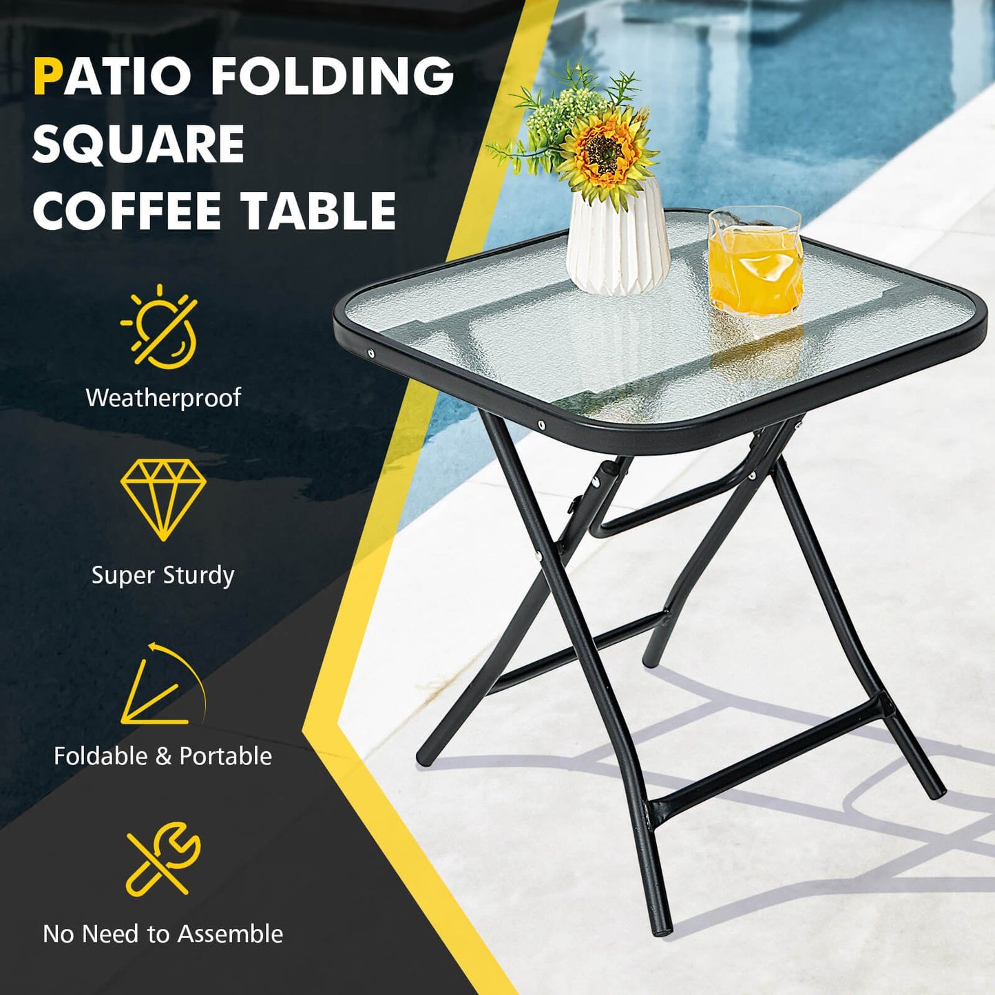 Mesa de patio bistro cuadrada de 18 pulgadas con estructura inoxidable