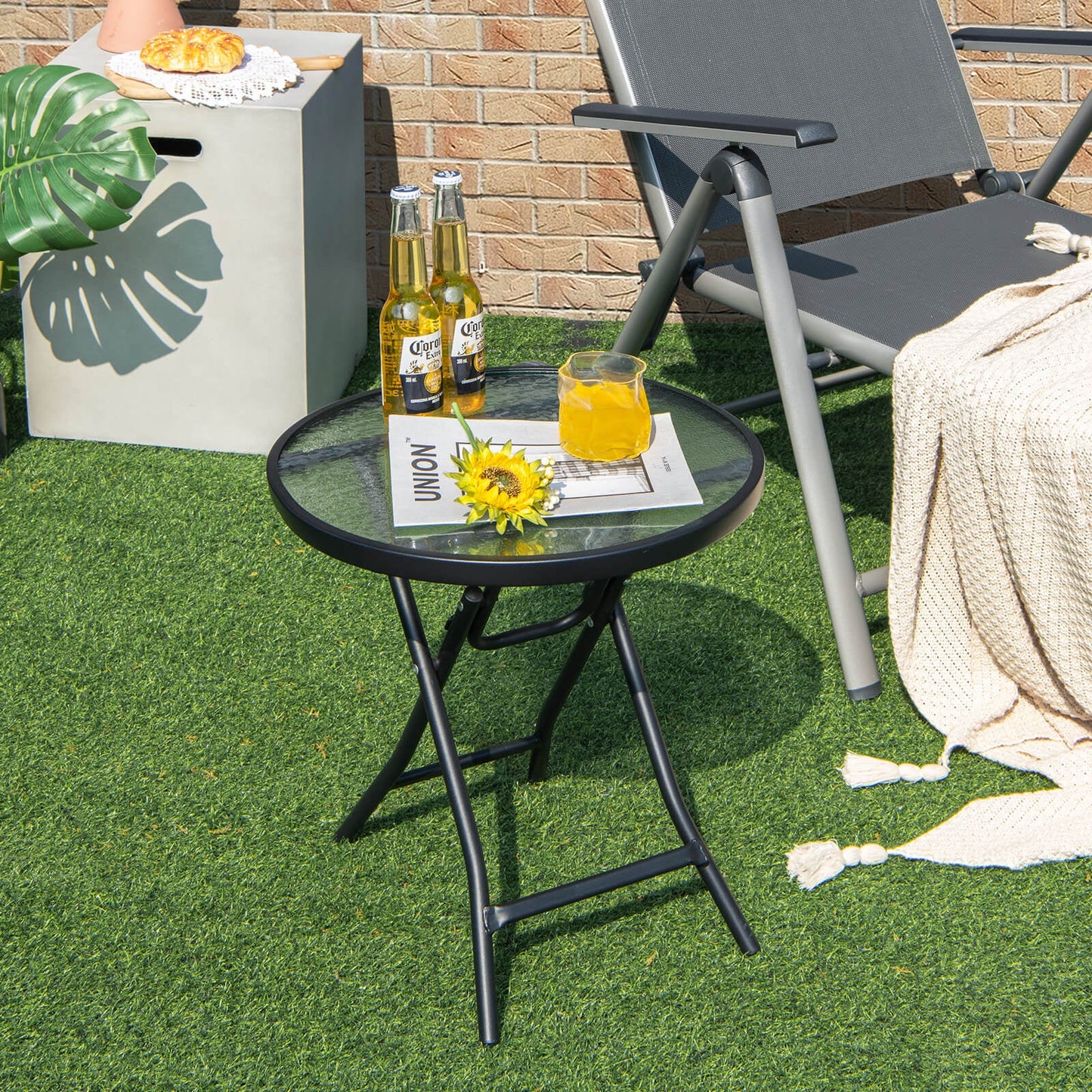 Mesa Auxiliar para Patio con Tablero de Vidrio Templado