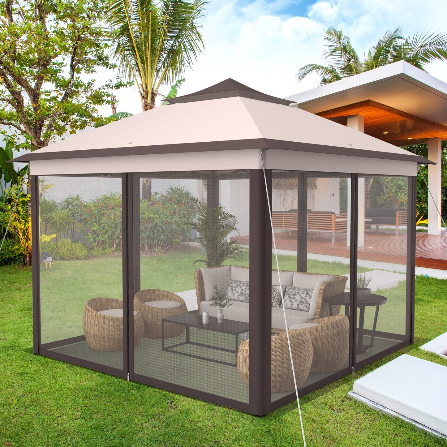 GemGear 11x11 ft two-tier pop-up gazebo with mesh walls and beige canopy on Tampa Home & Garden Store