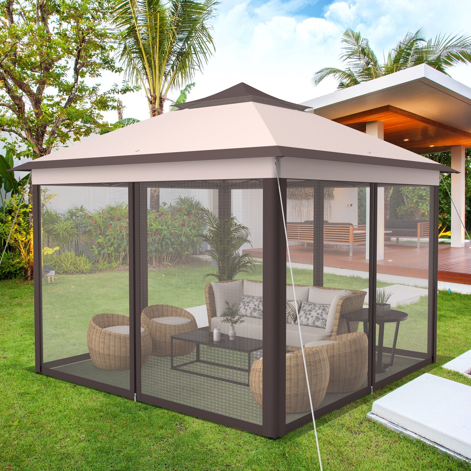 GemGear 11x11 ft two-tier pop-up gazebo with mesh walls and beige canopy on Tampa Home & Garden Store