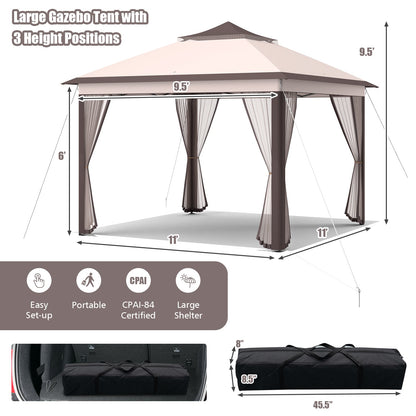 GemGear 11x11 ft two-tier pop-up gazebo tent with beige canopy and mesh curtains on Tampa Home & Garden Store