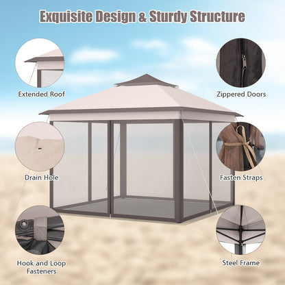 11 x 11 ft 2-tier pop-up gazebo tent by GemGear with extended roof, mesh walls, carry bag on Tampa Home & Garden Store