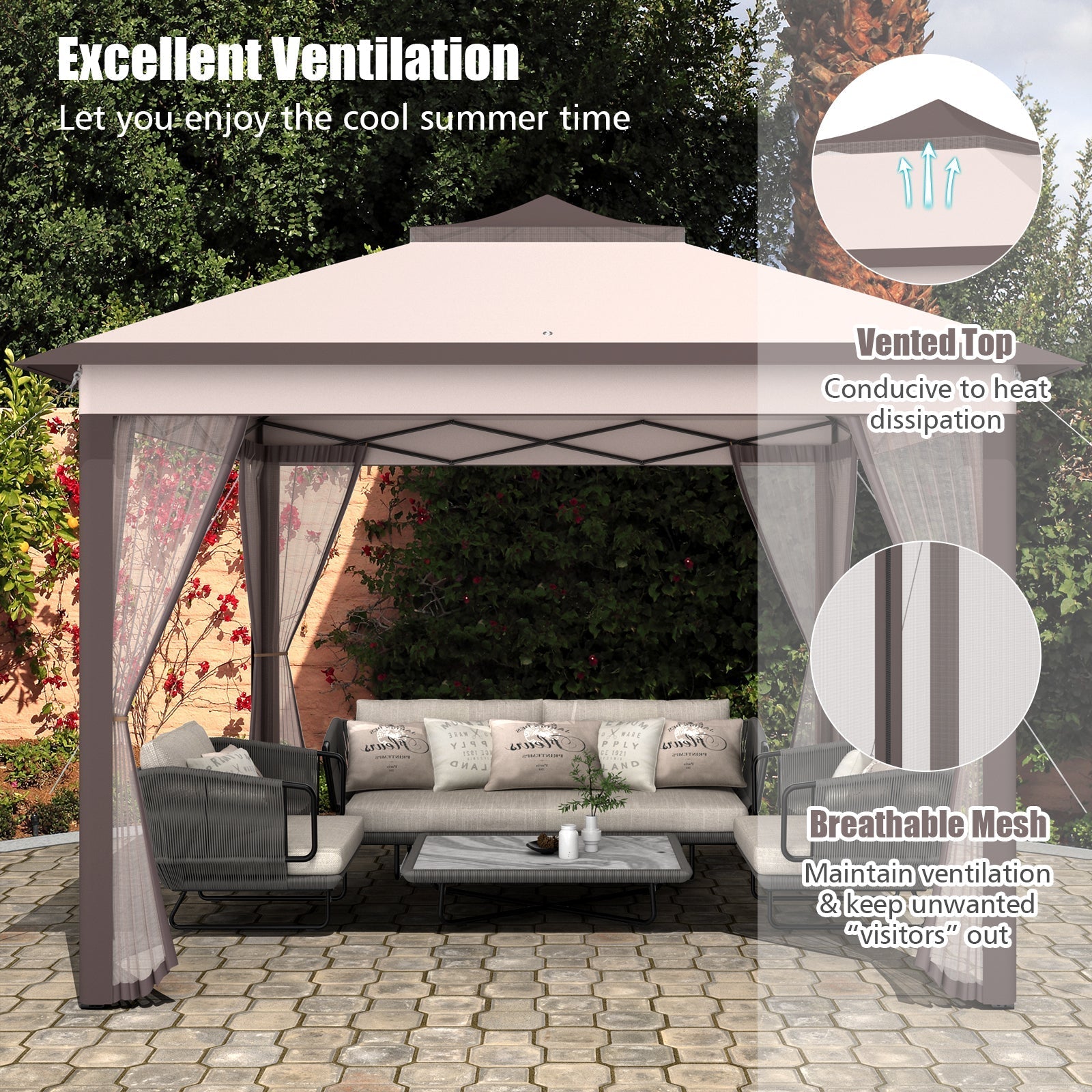 GemGear 11x11 ft pop-up gazebo tan canopy with vented top and breathable mesh sides on patio on Tampa Home & Garden Store