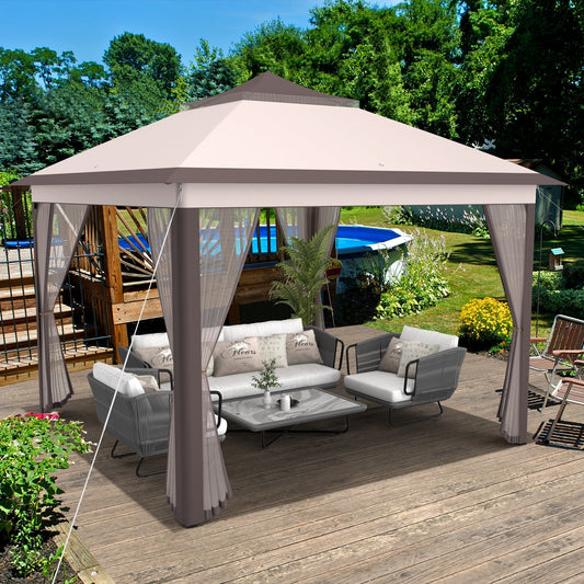 11x11 ft 2-Tier pop-up gazebo tent GemGear with tan canopy and mesh sidewalls on a deck on Tampa Home & Garden Store