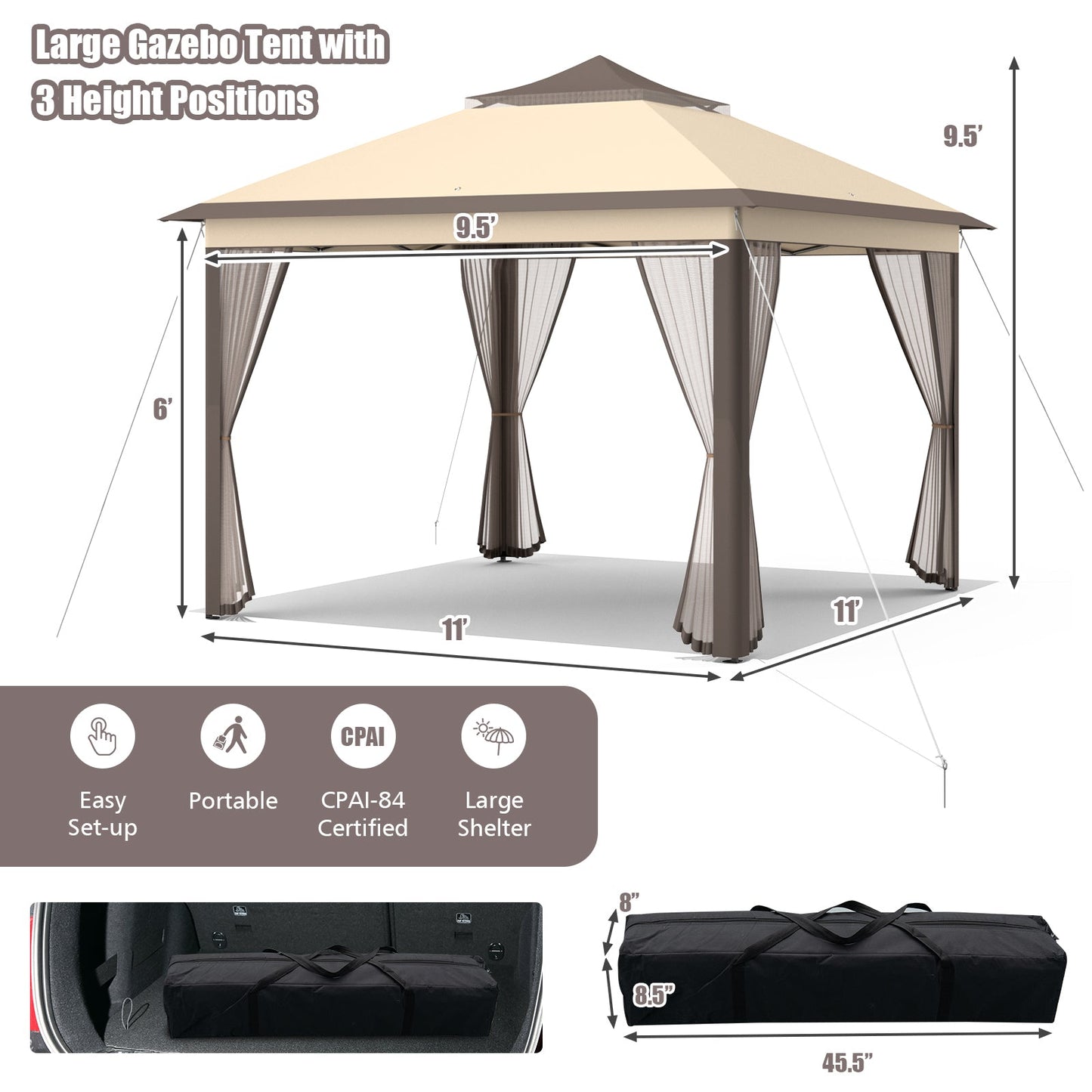 GemGear 11x11 ft 2-tier pop-up gazebo tent with mesh curtains and carry bag on Tampa Home & Garden Store