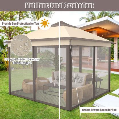 GemGear 11x11 ft two-tier pop-up gazebo tent with beige canopy and mesh walls on Tampa Home & Garden Store