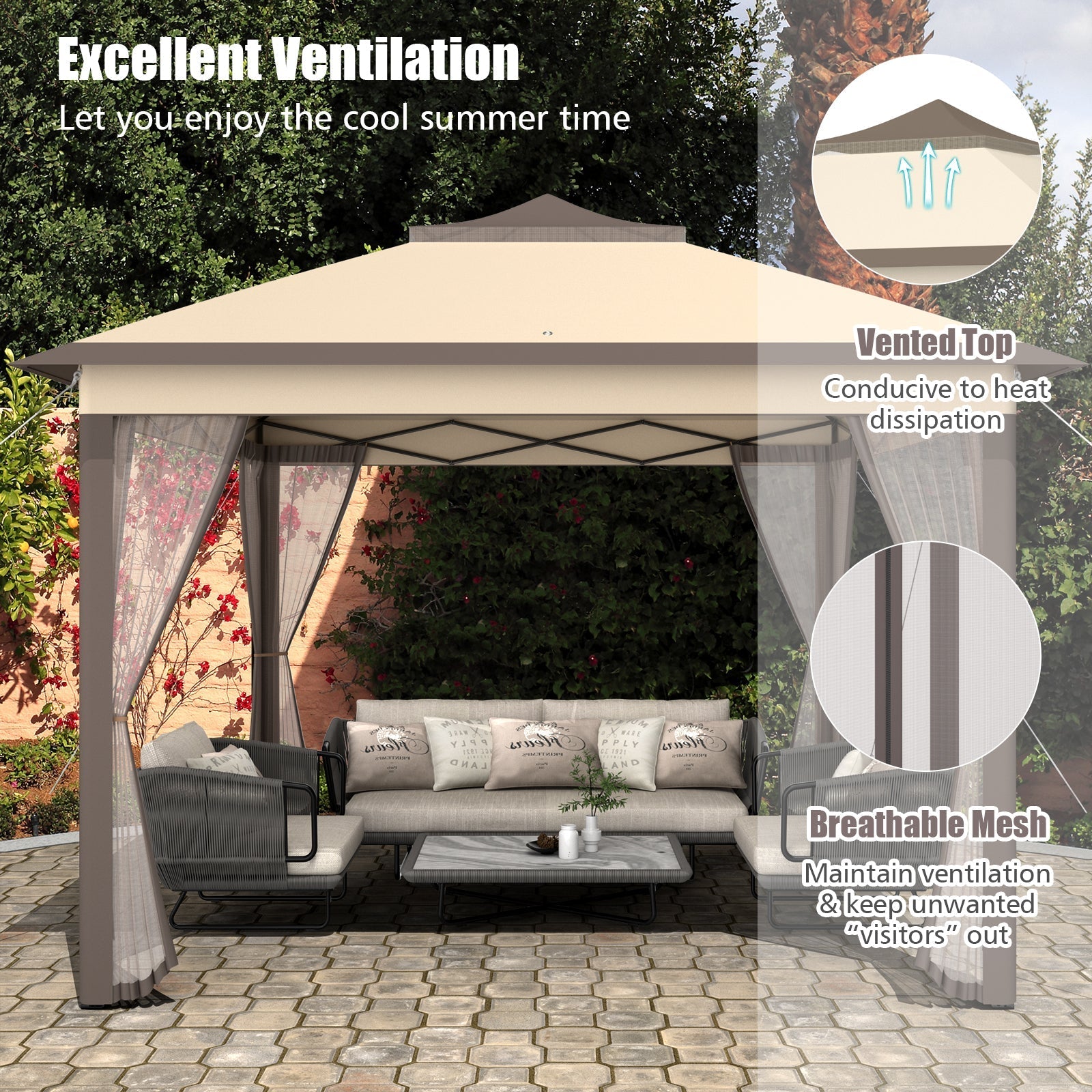 GemGear 11x11 ft pop-up gazebo with beige canopy top, brown frame, and breathable mesh curtains on Tampa Home & Garden Store