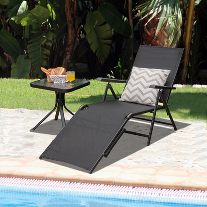Tumbona plegable de patio con respaldo y reposapiés - Negra