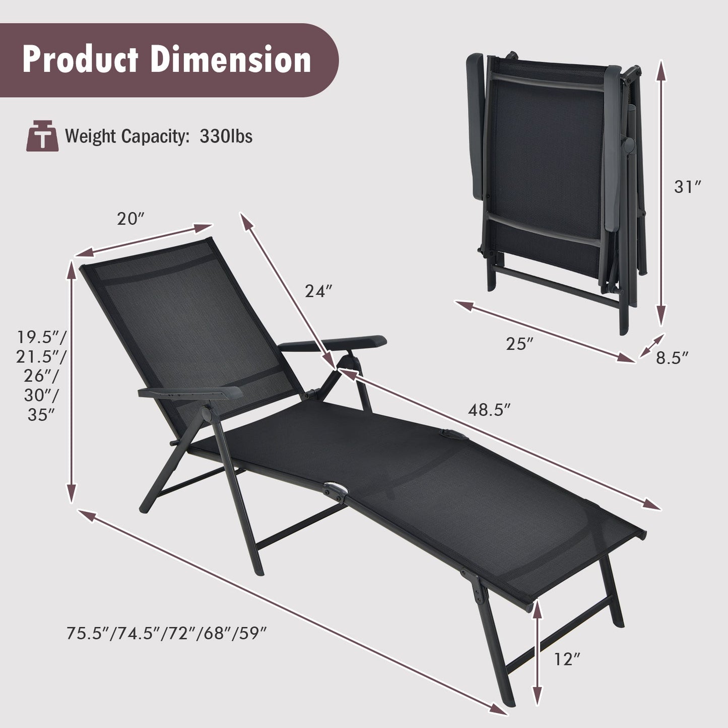 Tumbona plegable de patio con respaldo y reposapiés - Negra