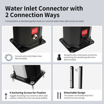 GemGear portable solar heated shower water inlet connectors on black base with 2 hose options on Tampa Home & Garden Store