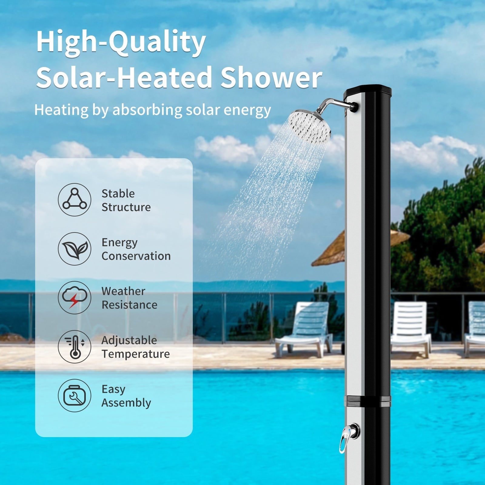 Portable solar heated shower with adjustable head and foot tap, black-silver finish, 9.3 gal on Tampa Home & Garden Store