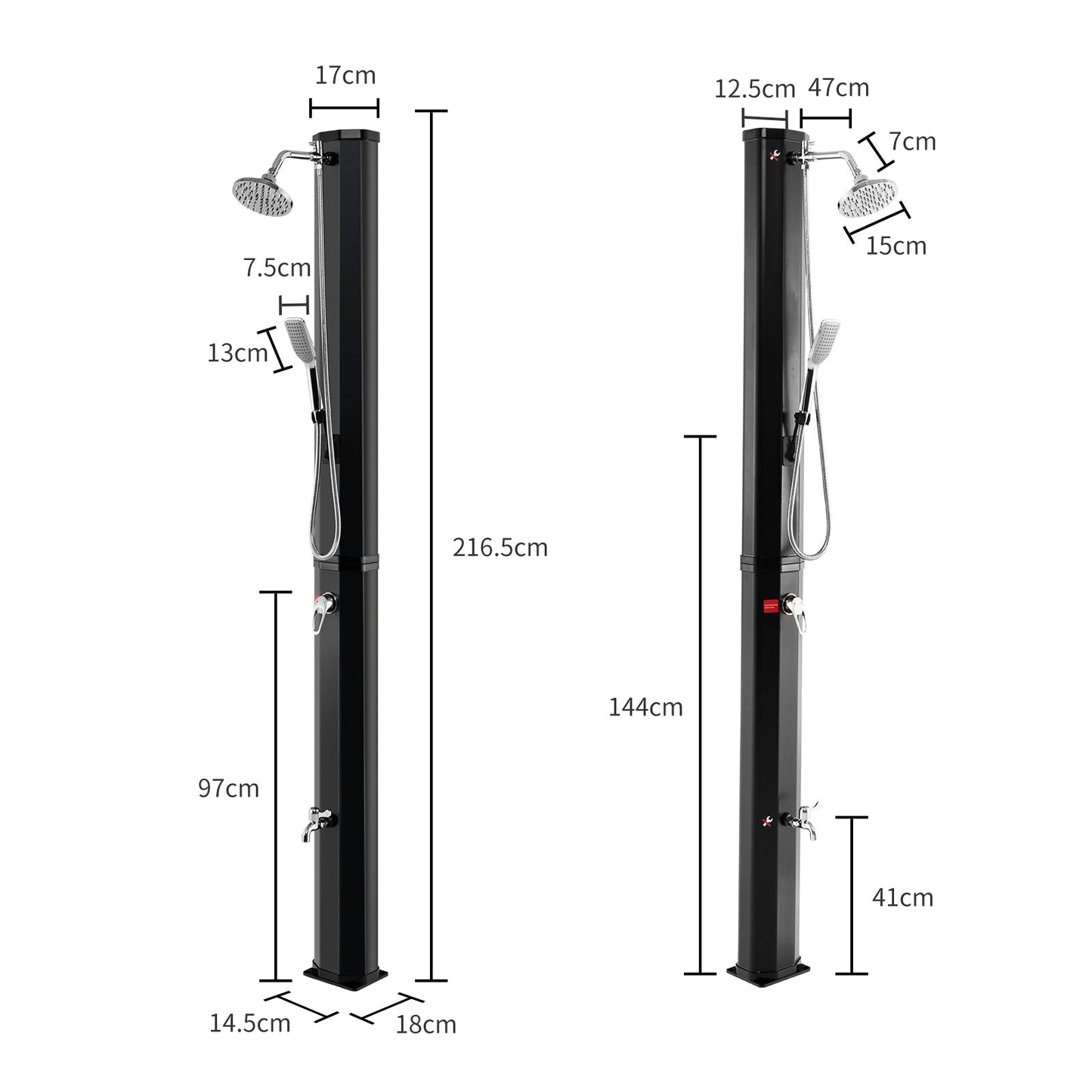 7.2ft GemGear solar heated shower column with handheld shower and foot tap, black pedestal on Tampa Home & Garden Store