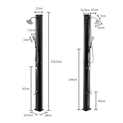 7.2ft GemGear solar heated shower column with handheld shower and foot tap, black pedestal on Tampa Home & Garden Store
