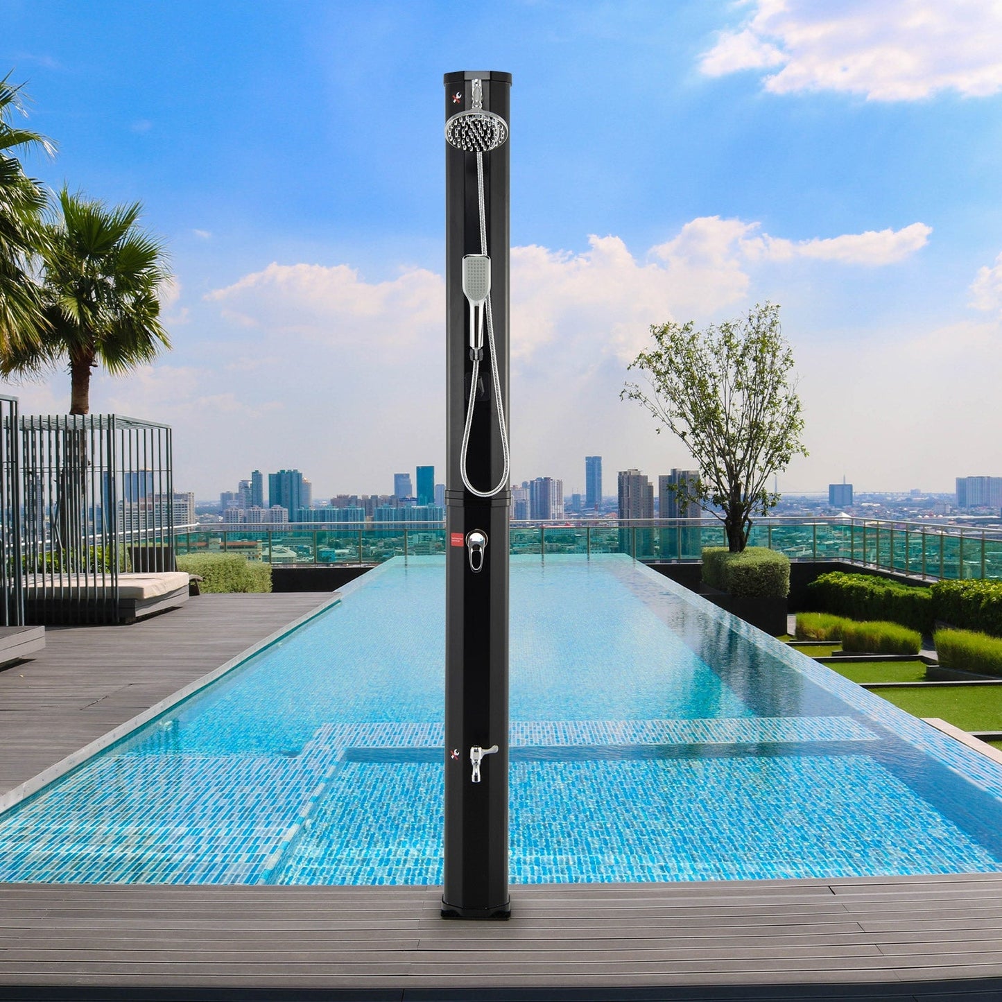 7.2 ft solar heated shower post with handheld sprayer and foot tap, 9.3 gal GemGear black on Tampa Home & Garden Store