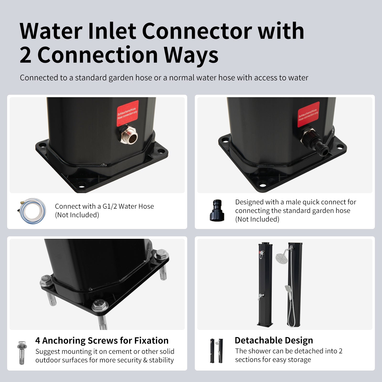 GemGear water inlet connector for solar shower with 2 options G1/2 hose or quick connect on base on Tampa Home & Garden Store