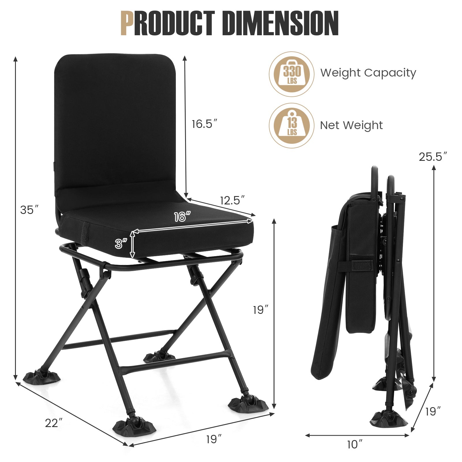 GemGear Swivel Folding Chair with padded cushion, black camp furniture shown unfolded on Tampa Home & Garden Store