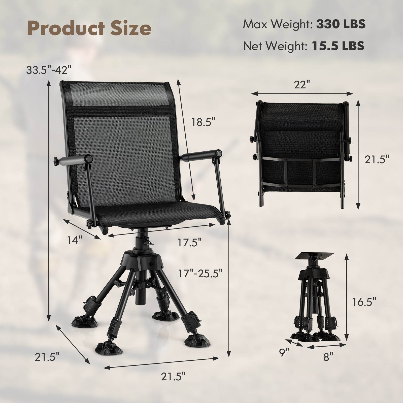 GemGear folding swivel patio chair with 4 adjustable legs, black mesh, 33.5–42 in tall on Tampa Home & Garden Store