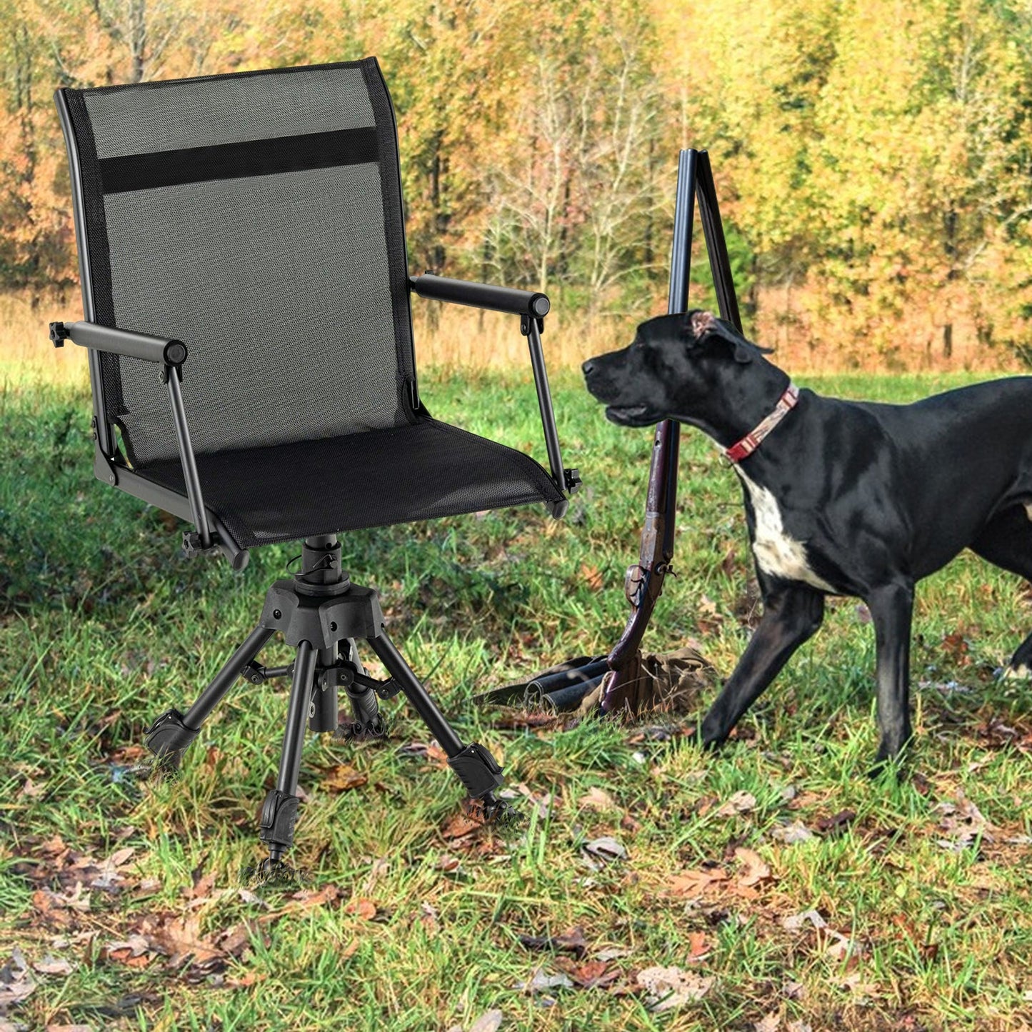 GemGear Folding Swivel Patio Chair with 4 Adjustable Leg, black mesh seat on tripod stand, on Tampa Home & Garden Store